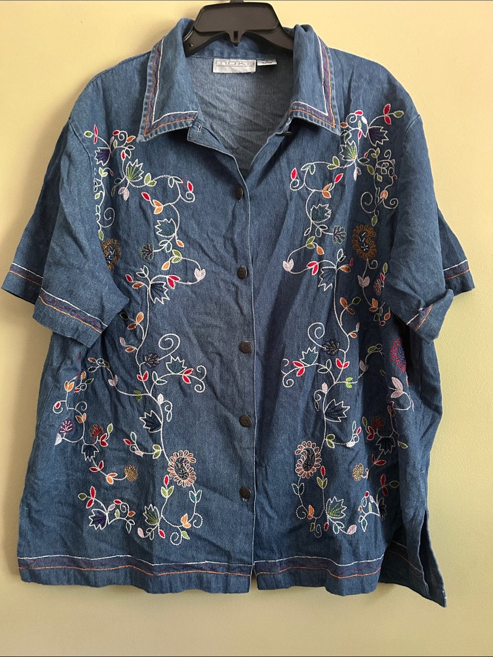 Vintage Moka floral embroidered denim short-sleeve button-down shirt Size 1X